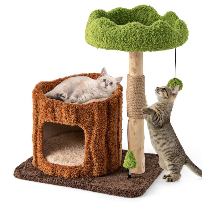 PAWROOM - Cat scratching post cat tree with cat cave in tree hole shape brown + green 60 x 46 x 73 cm