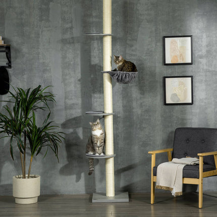 PAWROOM - Klösträd med sisal och liggplattform, grå/cremevit, 230–250 cm