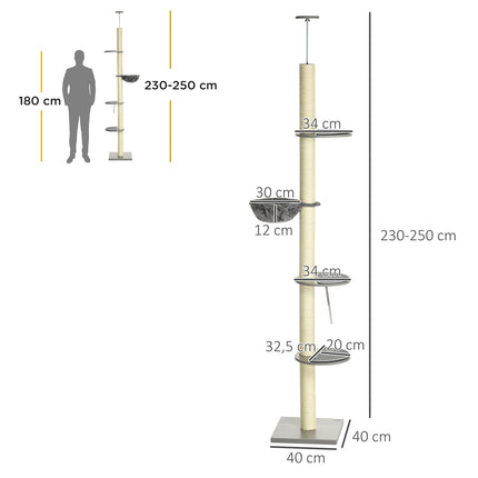 PAWROOM - Klösträd med sisal och liggplattform, grå/cremevit, 230–250 cm