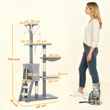 PAWROOM - Klösträd med sisal och liggplattform, grå/vit, 134 cm