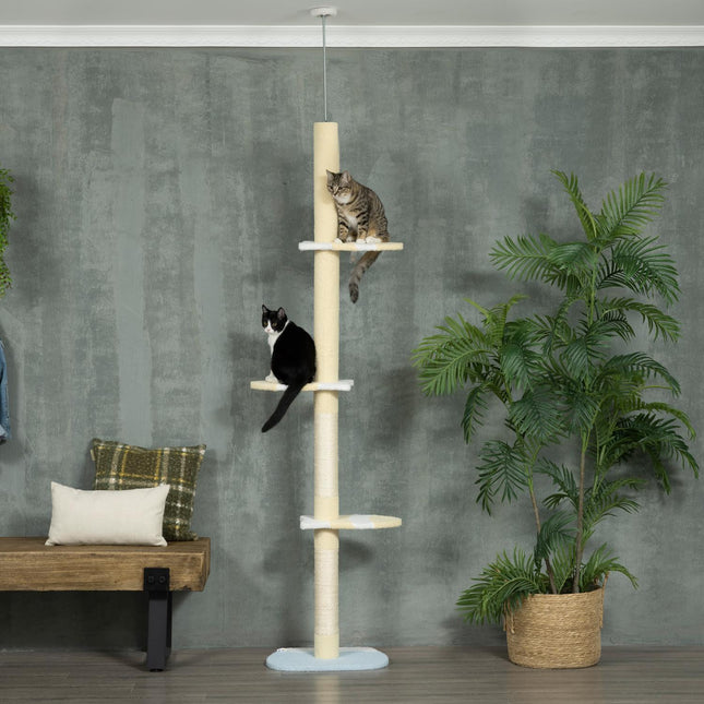 PAWROOM - Klösträd med sisal och liggplattform, gul/vit/blå, 220–260 cm