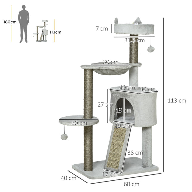 PAWROOM - Klösträd med sisal och liggplattform, ljusgrå, 113 cm