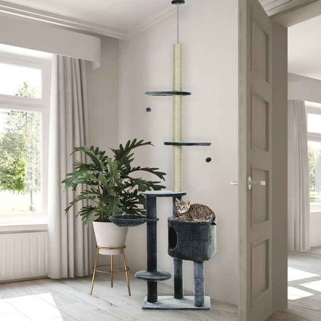 PAWROOM - Klösträd med sisal och liggplattform, mörkgrå, 220–265 cm