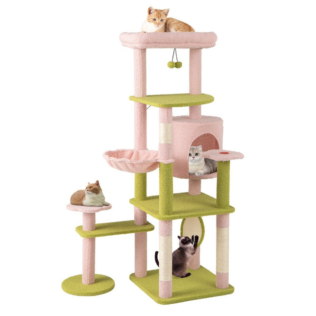 PAWROOM - Floral Scratching Post & Plush Padded Platform & Cat House Cat Tree