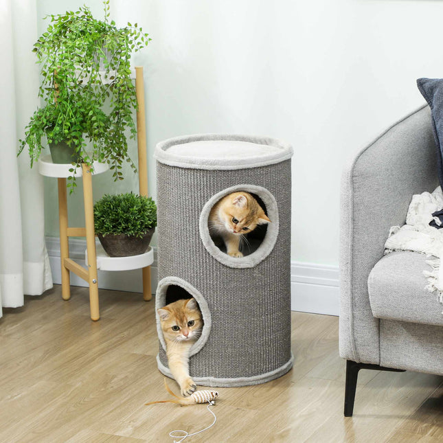 PAWROOM - Klöstunna med 2 nivåer och mjuk plysch, ljusgrå, Ø35×60 cm