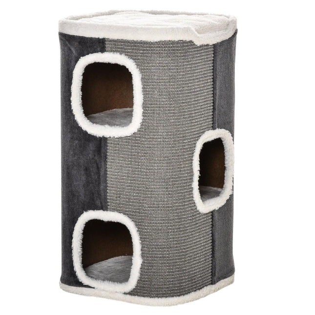 PAWROOM - Klöstunna med 3 nivåer och mjuk plysch, grå/vit, 74 cm