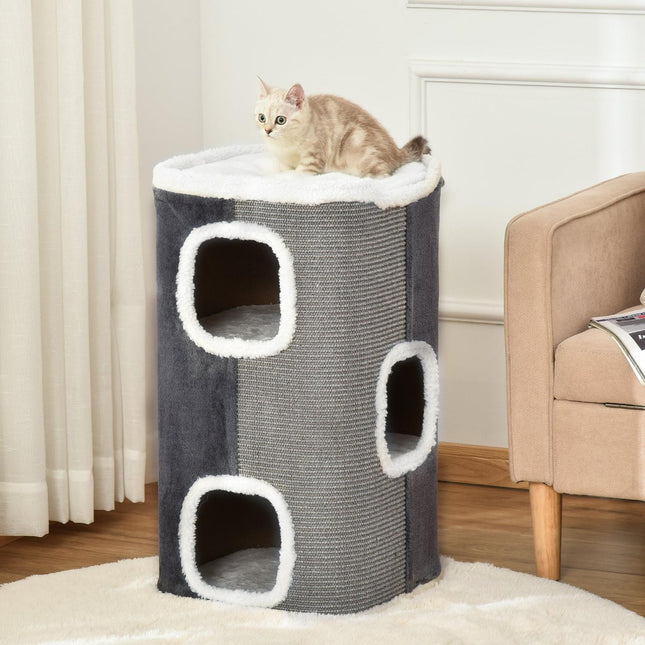 PAWROOM - Klöstunna med 3 nivåer och mjuk plysch, grå/vit, 74 cm