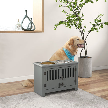 PAWROOM - Raised feeding station for large dogs, 2 stainless steel bowls, storage space, 35.5x60x30 cm, grey