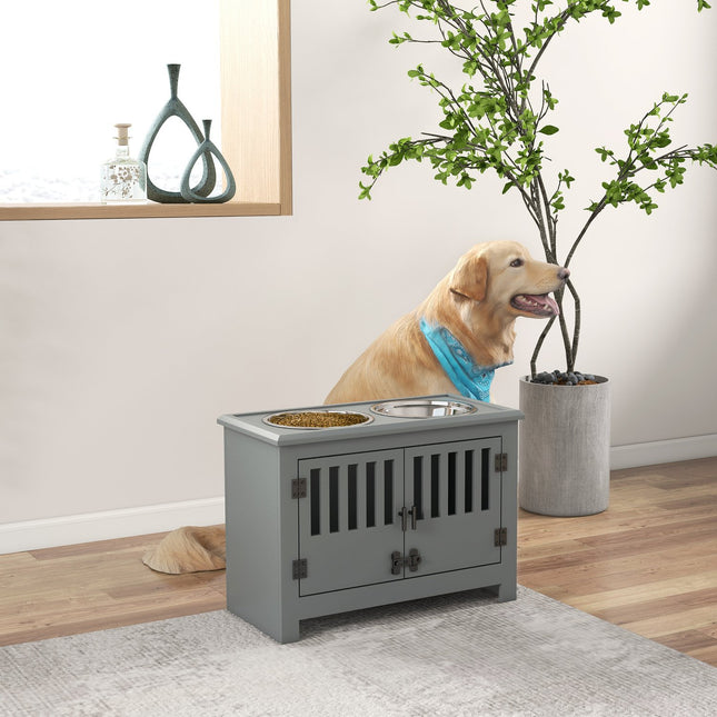 PAWROOM - Matstation med 2 stålskålar, grå, 60×30×43 cm, 2000 ml