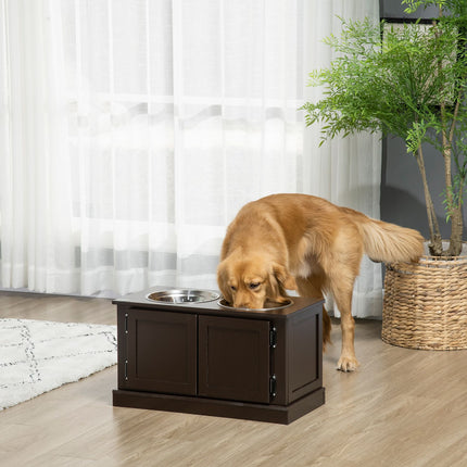 PAWROOM - Matstation med 2 stålskålar och förvaring, brun, 60×30×34 cm, 2 L