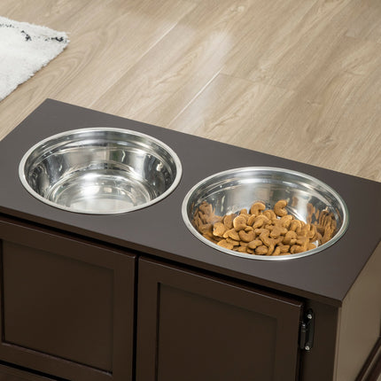 PAWROOM - Matstation med 2 stålskålar och förvaring, brun, 60×30×34 cm, 2 L