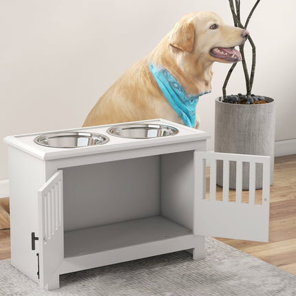 PAWROOM - Raised Dog Feeding Station, 2L Stainless Steel Bowl, Storage, White