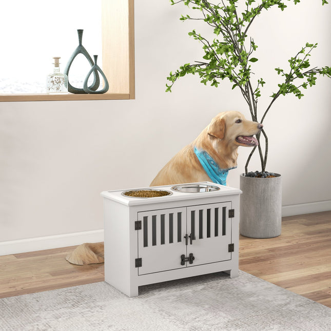 PAWROOM - Matstation med 2 stålskålar och förvaring, vit, 2000 ml