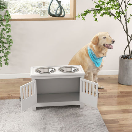 PAWROOM - Raised Dog Feeding Station, 2L Stainless Steel Bowl, Storage, White