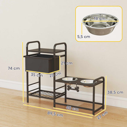 PAWROOM - Matstation med 2 stålskålar, svart, 89,5×27×74 cm, 800 ml