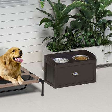 PAWROOM - Matstation med stålskålar, brun, 60×30×36 cm, 2 L, D08-041V80CF
