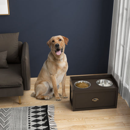 PAWROOM - Matstation med stålskålar, brun, 60×30×36 cm, 2 L, D08-041V80CF