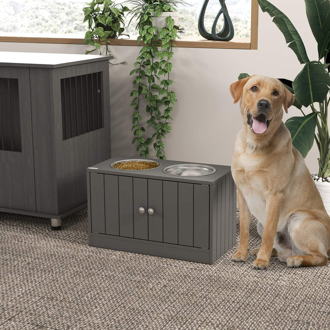 PAWROOM - Matstation med stålskålar och förvaring, grå, 60×30×35,5 cm, 2 L