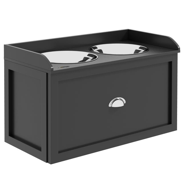 PAWROOM - Matstation med stålskålar och förvaring, svart, 60×30×36 cm, 2 L