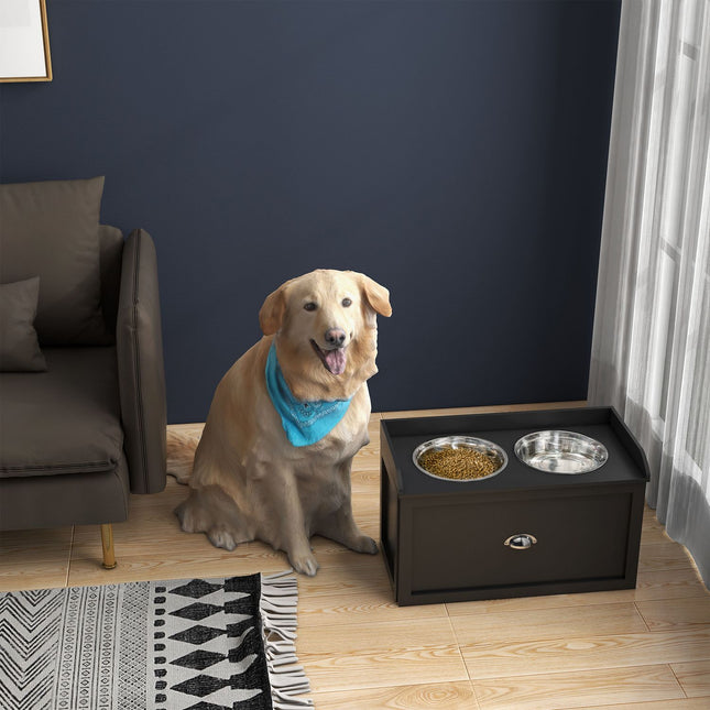 PAWROOM - Matstation med stålskålar och förvaring, svart, 60×30×36 cm, 2 L