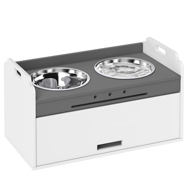 PAWROOM - Matstation med stålskålar, vit/grå, 60×30×35,5 cm, 25 L