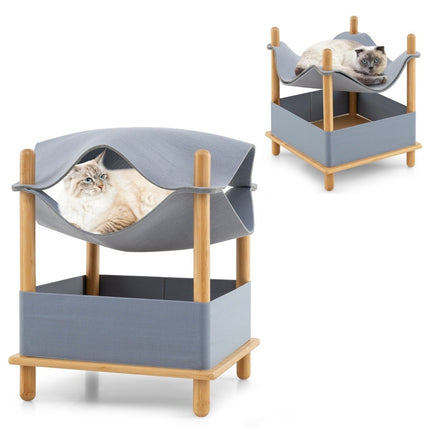 PAWROOM - Rund kattkoja i bambu med 2 nivåer, natur/grå, 46×46×53 cm