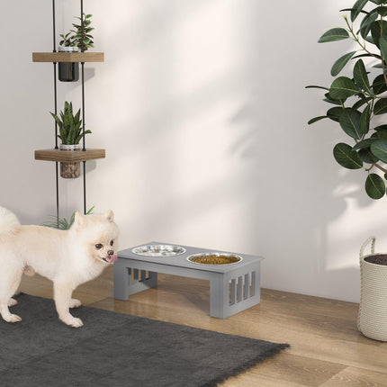 PAWROOM - Skålställ L med 2 stålskålar, grå, 44×24×15 cm, 0,9 L