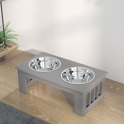 PAWROOM - Skålställ L med 2 stålskålar, grå, 44×24×15 cm, 0,9 L