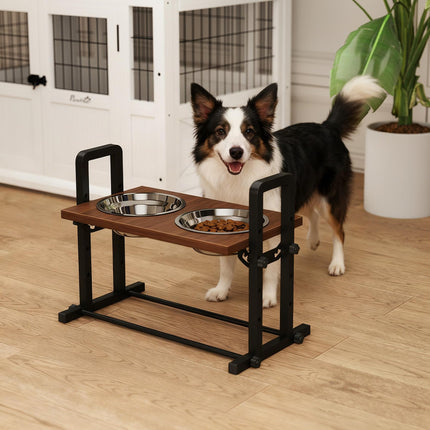 PAWROOM - Skålställ med 2 stålskålar, svart/brun, 48×26×36,5 cm, 1,2 L
