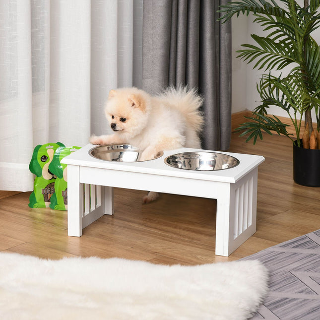 PAWROOM - Skålställ med stålskålar och halkskydd, vit, 44×24×15 cm, 0,9 L