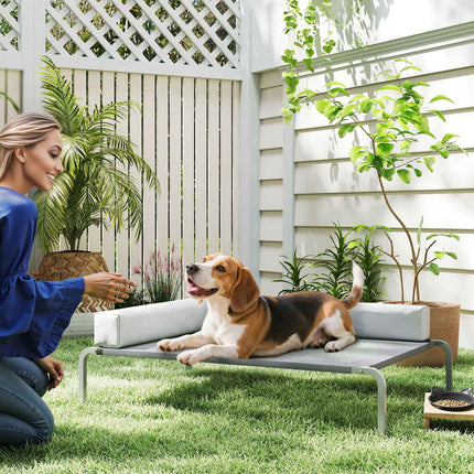 PAWROOM - Elevated Outdoor Dog Bed with L-Shaped Cushion, 110x75x30cm