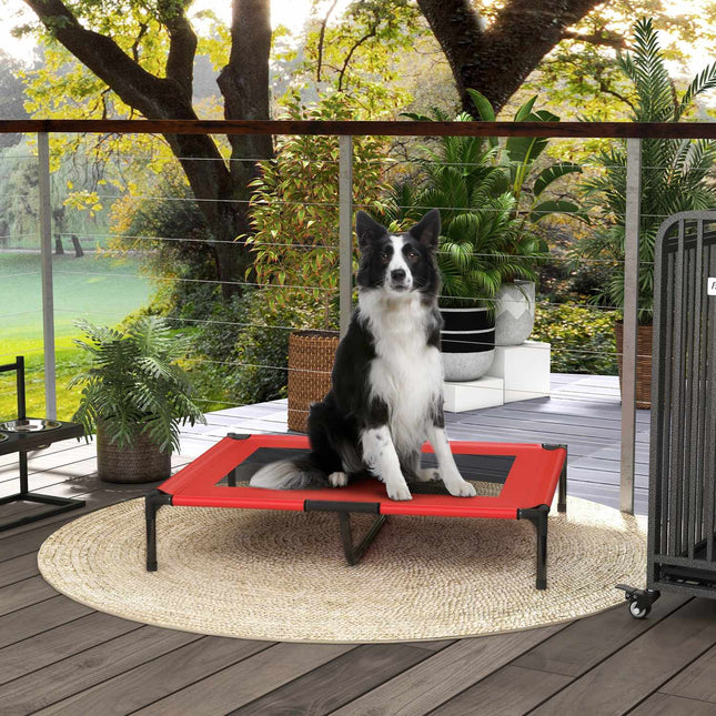 PAWROOM - Upphöjd hundsäng för utomhusbruk med nättyg, röd, 92×76×18 cm