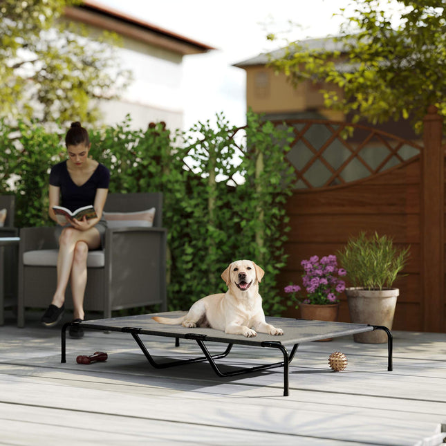 PAWROOM - Upphöjd hundsäng med nättyg, svart/vit/grå, 152×94×23 cm