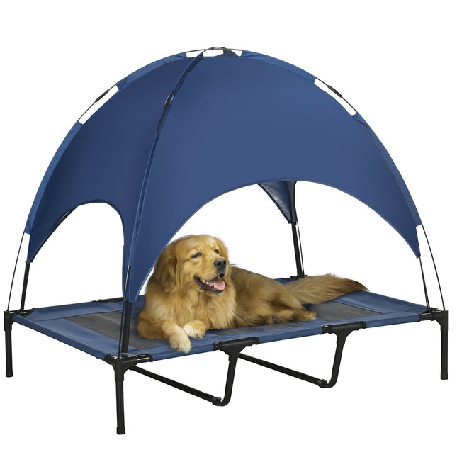 PAWROOM - Upphöjd hundsäng med soltak, blå/svart, 122×92×108 cm