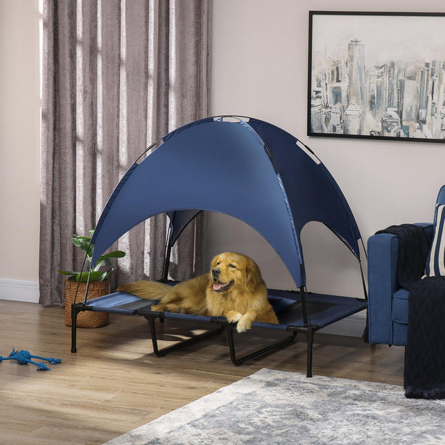 PAWROOM - Upphöjd hundsäng med soltak, blå/svart, 122×92×108 cm