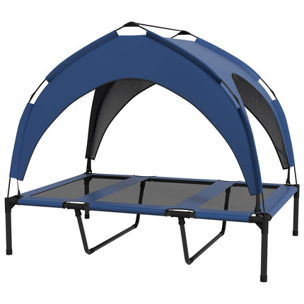 PAWROOM - Upphöjd hundsäng med soltak och nättyg, blå, 106×76×94 cm