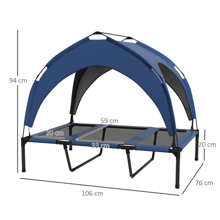PAWROOM - Upphöjd hundsäng med soltak och nättyg, blå, 106×76×94 cm