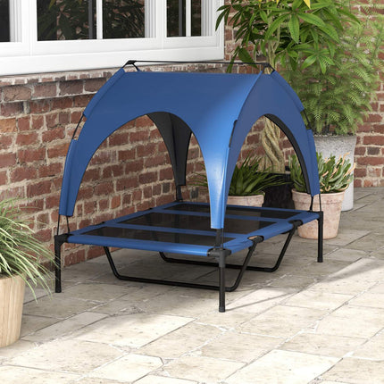 PAWROOM - Upphöjd hundsäng med soltak och nättyg, blå, 106×76×94 cm