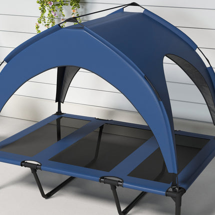 PAWROOM - Upphöjd hundsäng med soltak och nättyg, blå, 106×76×94 cm