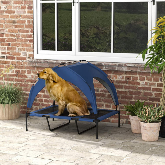 PAWROOM - Upphöjd hundsäng med soltak och nättyg, blå, 106×76×94 cm