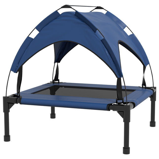PAWROOM - Upphöjd hundsäng med soltak och nättyg, blå, 76×61×69,5 cm