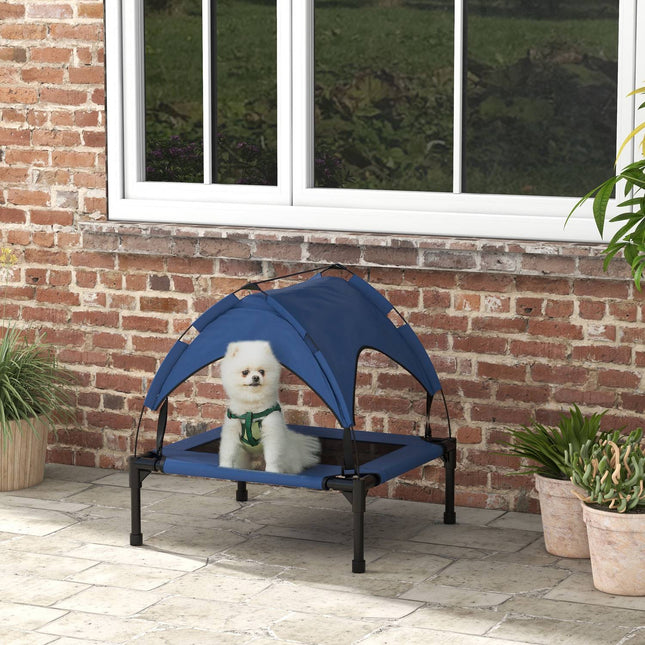 PAWROOM - Upphöjd hundsäng med soltak och nättyg, blå, 76×61×69,5 cm