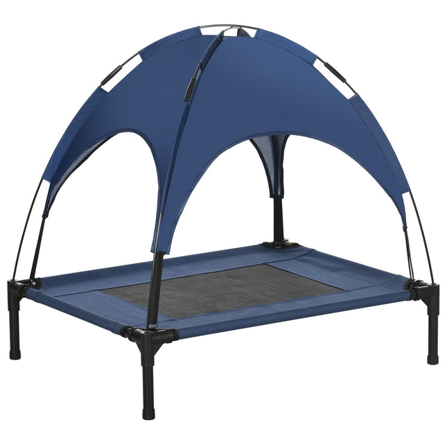 PAWROOM - Upphöjd hundsäng med soltak och nättyg, blå/svart, 76×61×73 cm