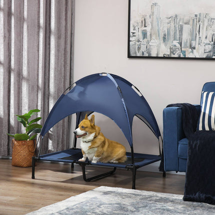 PAWROOM - Upphöjd hundsäng med soltak och nättyg, blå/svart, 92×76×90 cm