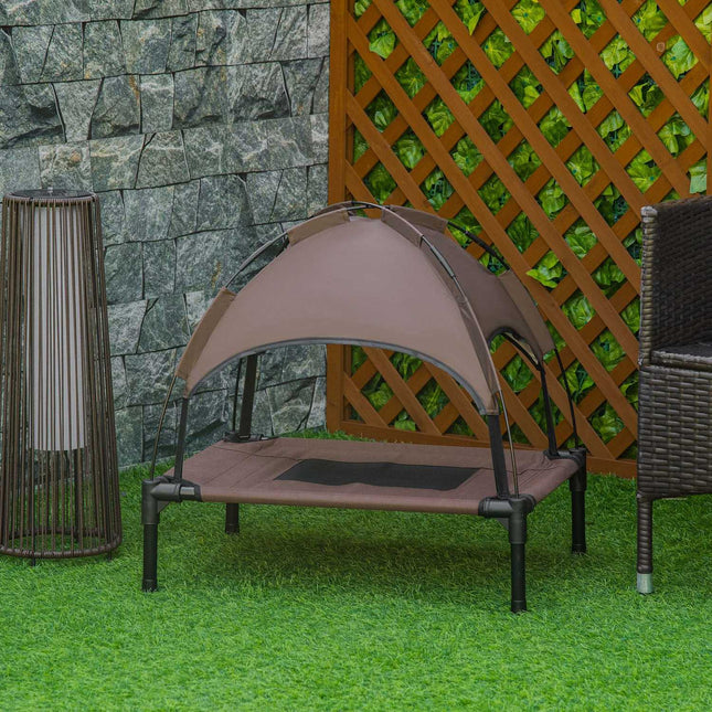 PAWROOM - Upphöjd hundsäng med soltak och nättyg, brun/svart, 61×46×62 cm