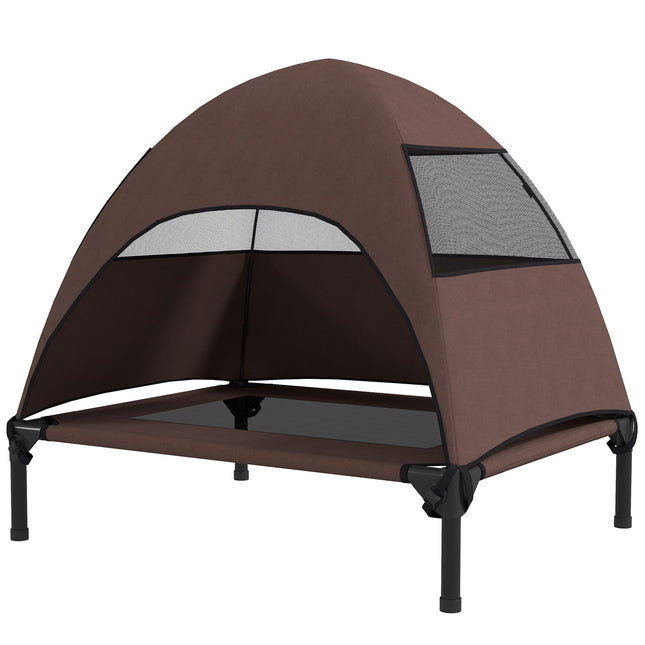 PAWROOM - Upphöjd hundsäng med soltak och nättyg, brun/svart, 76×61×71 cm