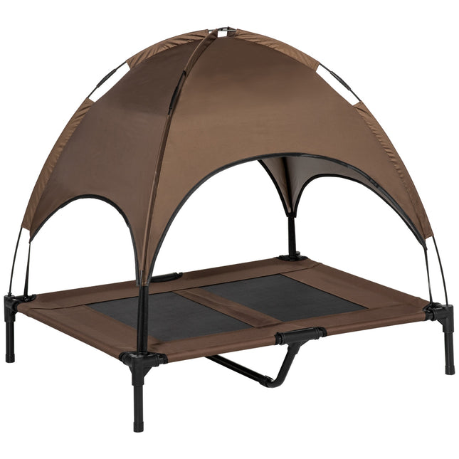 PAWROOM - Upphöjd hundsäng med soltak och nättyg, brun/svart, 92×76×90 cm