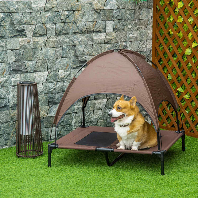 PAWROOM - Upphöjd hundsäng med soltak och nättyg, brun/svart, 92×76×90 cm
