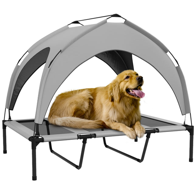 PAWROOM - Upphöjd hundsäng med soltak och nättyg, ljusgrå, 106×76×94 cm