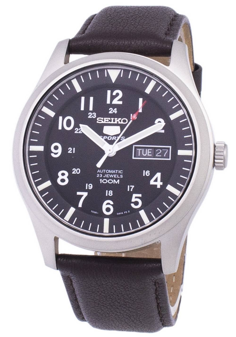 Seiko 5 Sports Automatisk mörkbrunt läder SNZG15K1-var-LS11 100M herrklocka